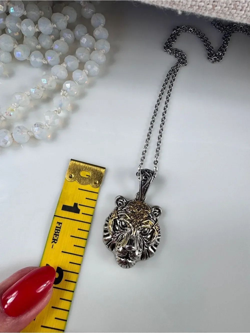 Two-Tone Silver and Gold Tiger Head Pendant Necklace for Women - Picture 7 of 7